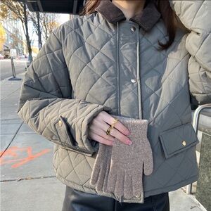 Korean Quilted Olive Green Jacket with Brown Collar